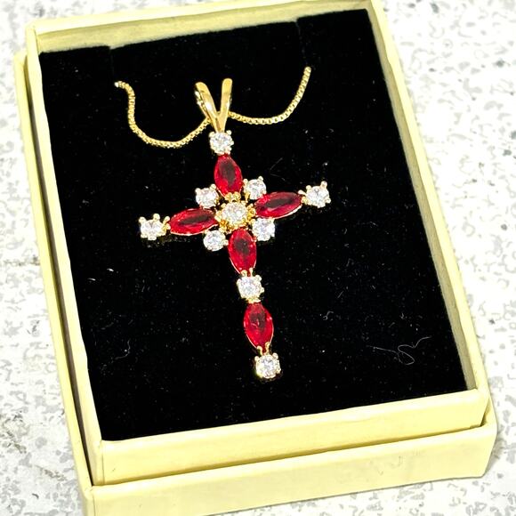 Delicate red & white crystal cross pendant on goldtone chain religious jewelry - Picture 1 of 5
